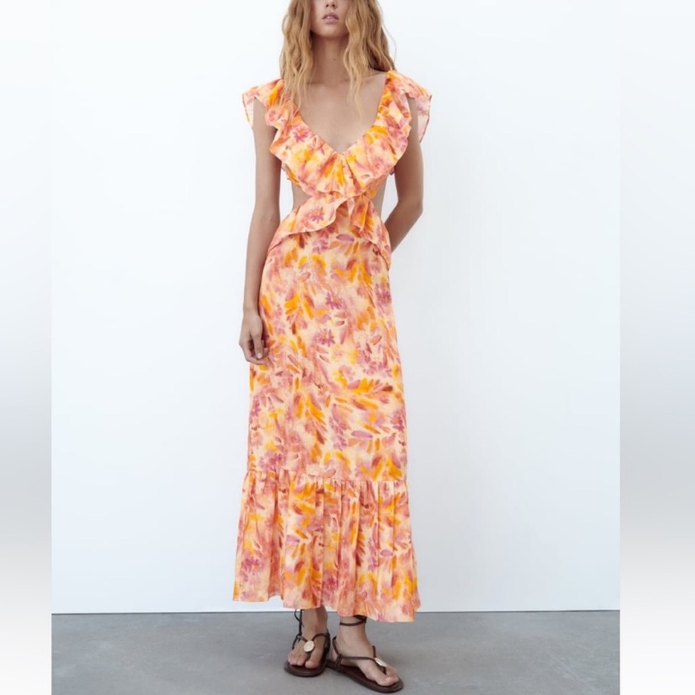 Zara Floral Linen Ruffles Midi Dress  Bloggers Favorite